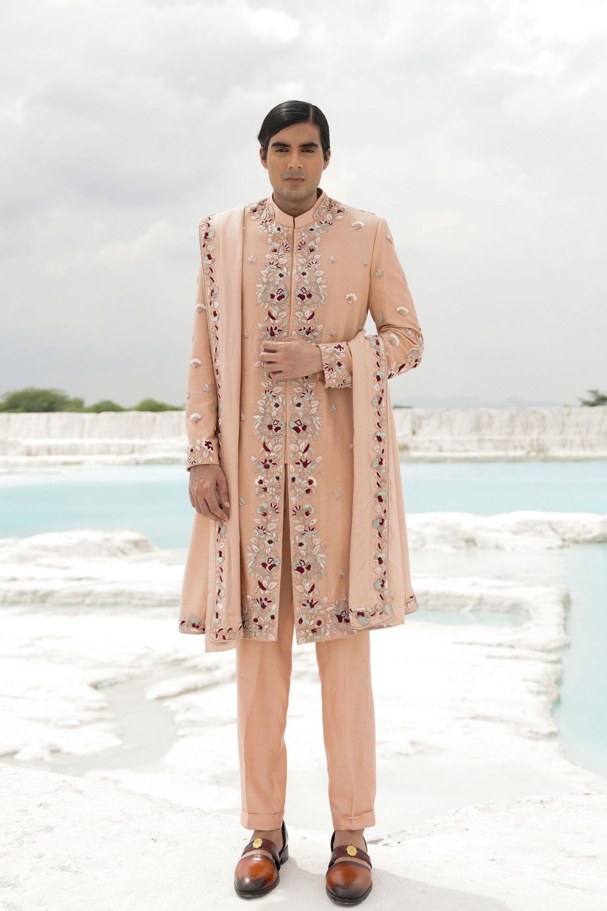 Ivory &amp; Cyan Sherwani Set