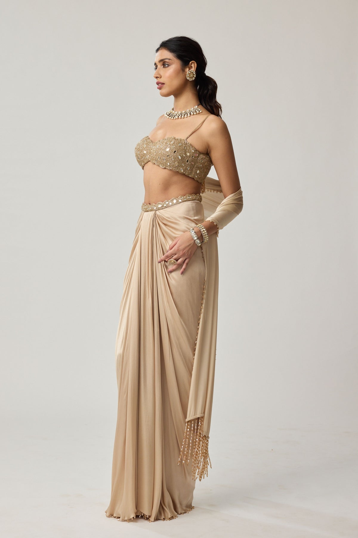 Light Beige Draped Skirt Set