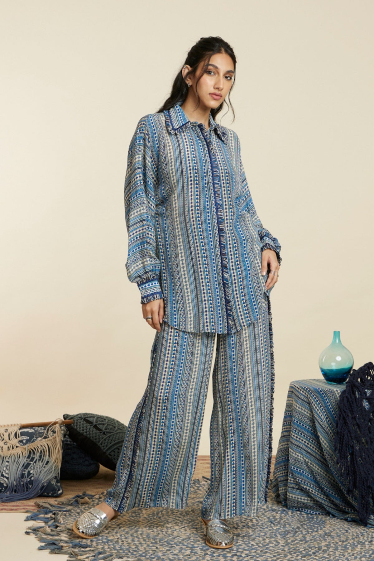 Blue Boho Stripe Oversized Co-ord Set