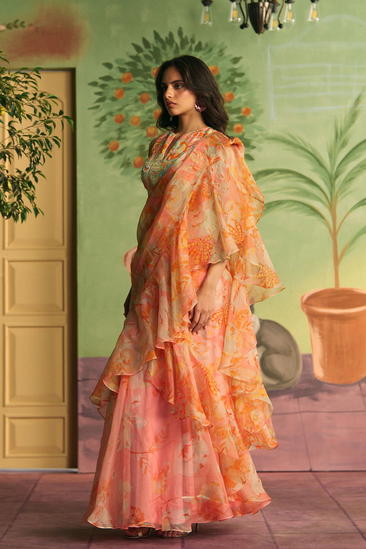 Peach Ruffle Draped Saree Set