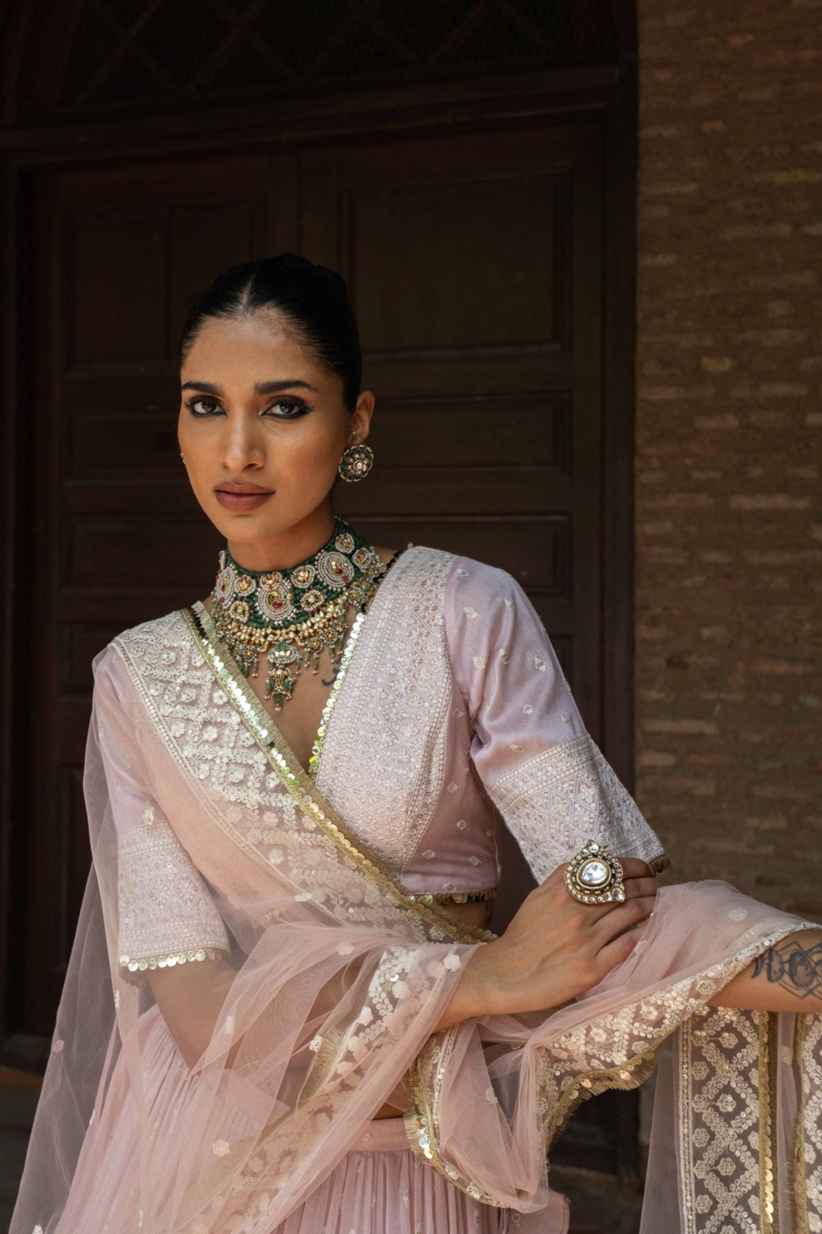 Onion Pink Big Border Lehenga Set