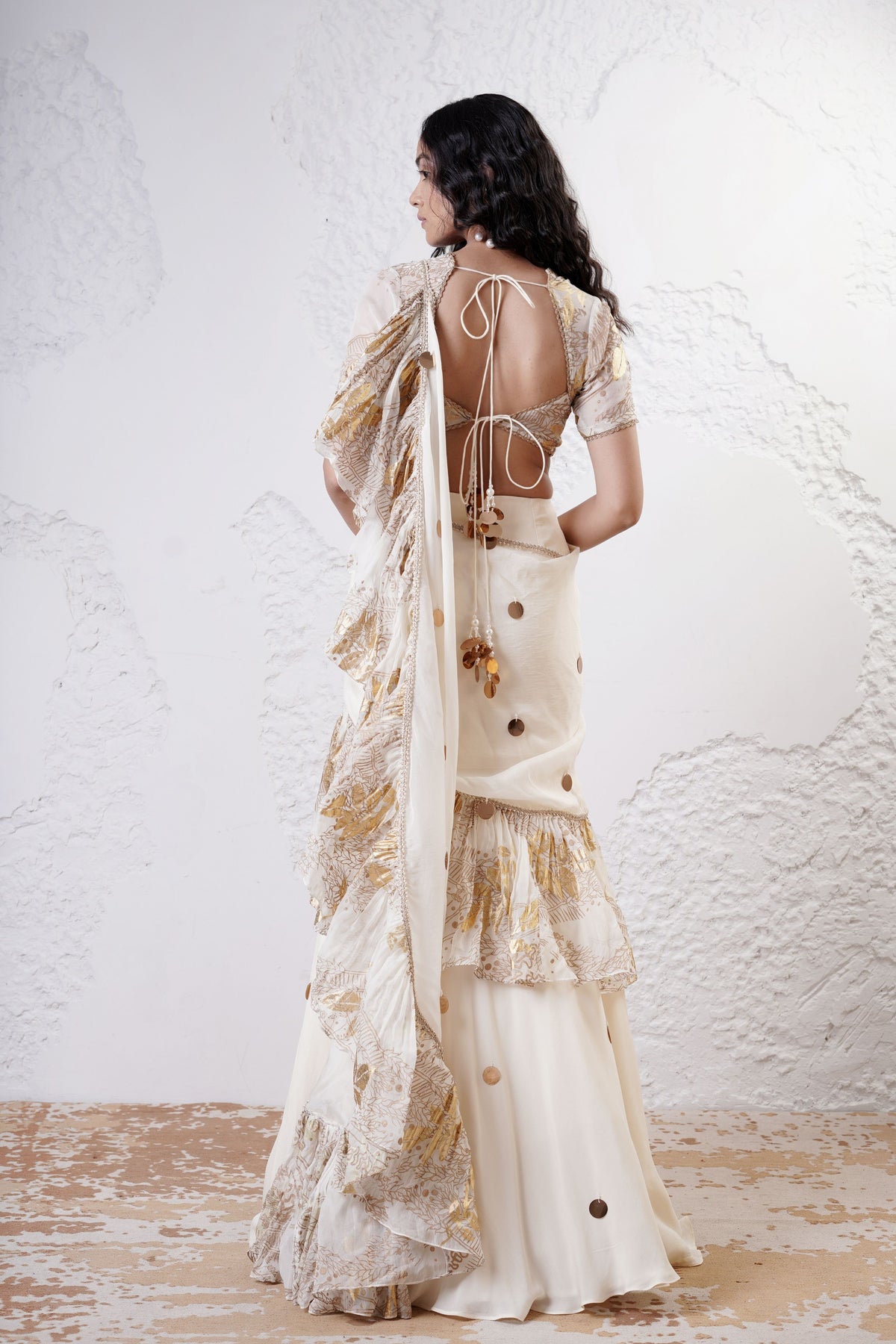 Ivory Ruffled Draped Saree Set