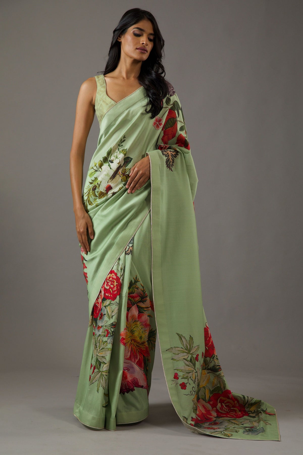 Mint Green Floral Chanderi Saree