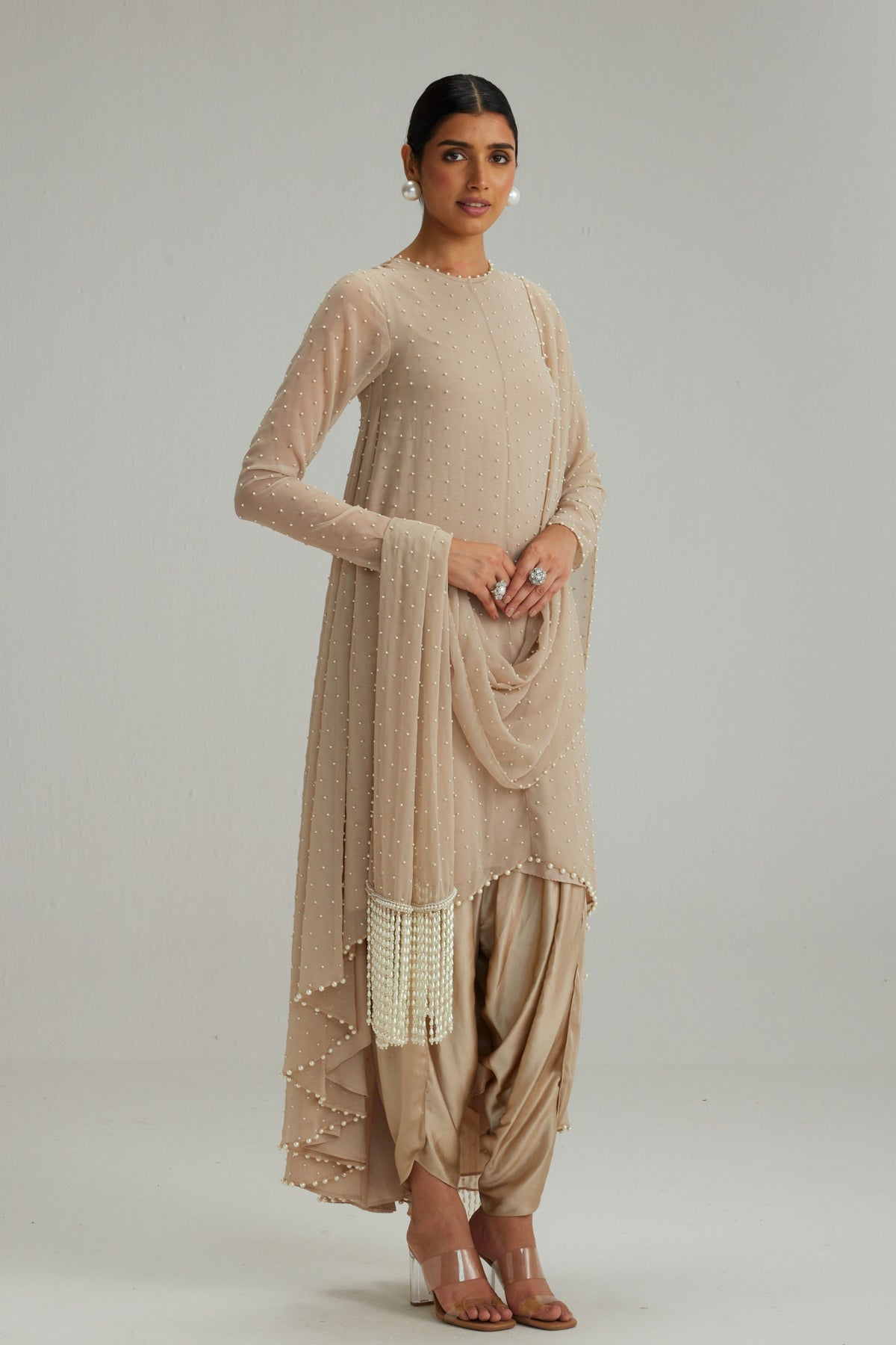 Light Beige Pearl Kurta With Stole Set