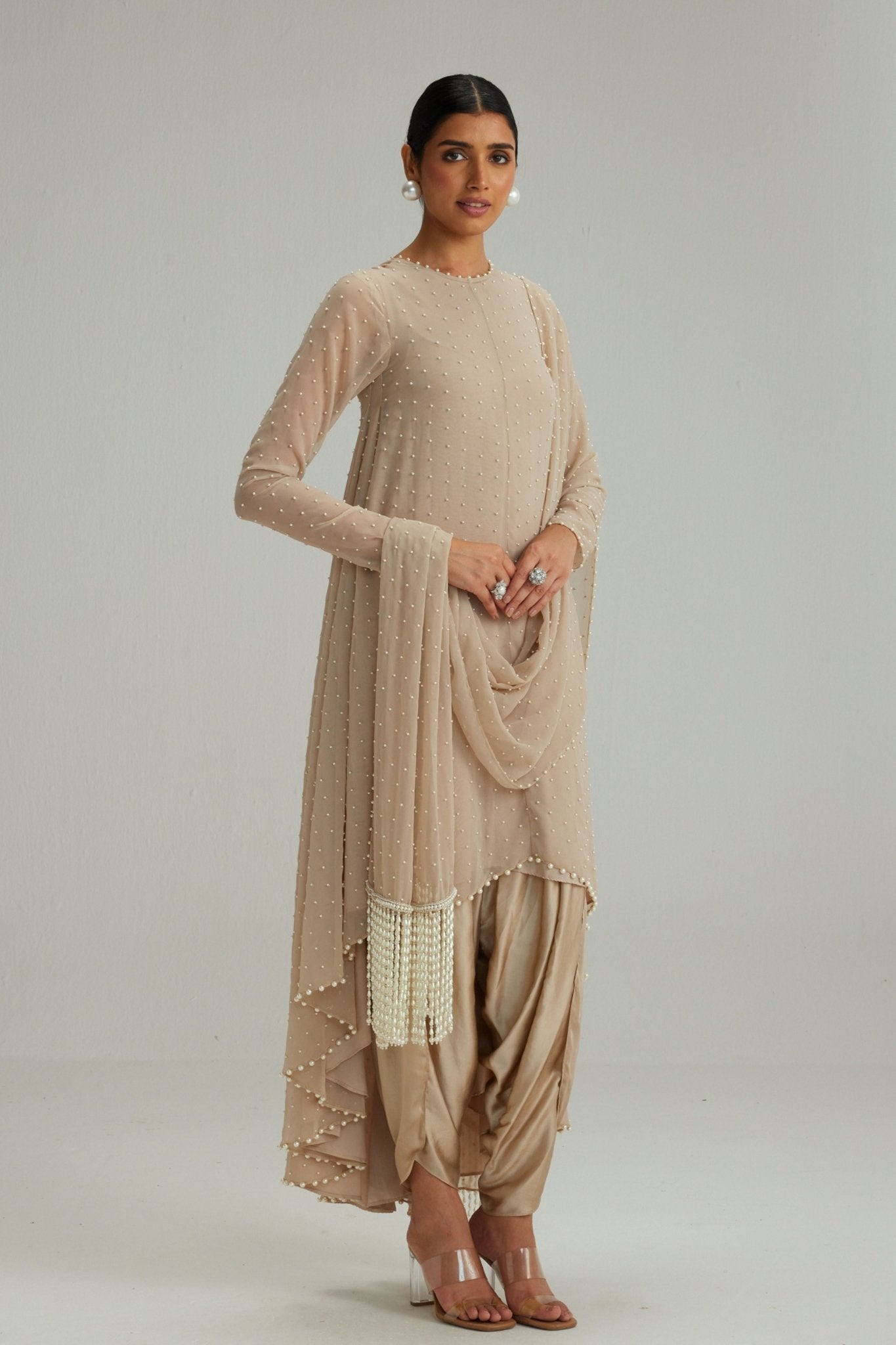 Light Beige Pearl Kurta With Stole Set - Vvani by Vani Vats - Elahe