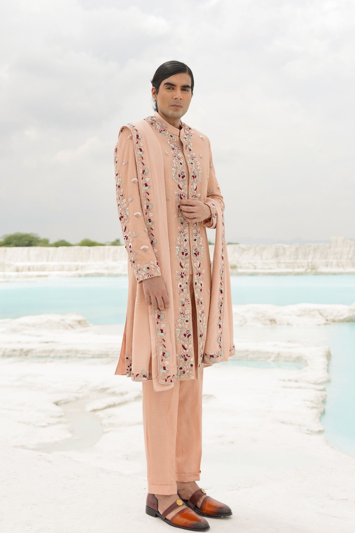 Ivory &amp; Cyan Sherwani Set