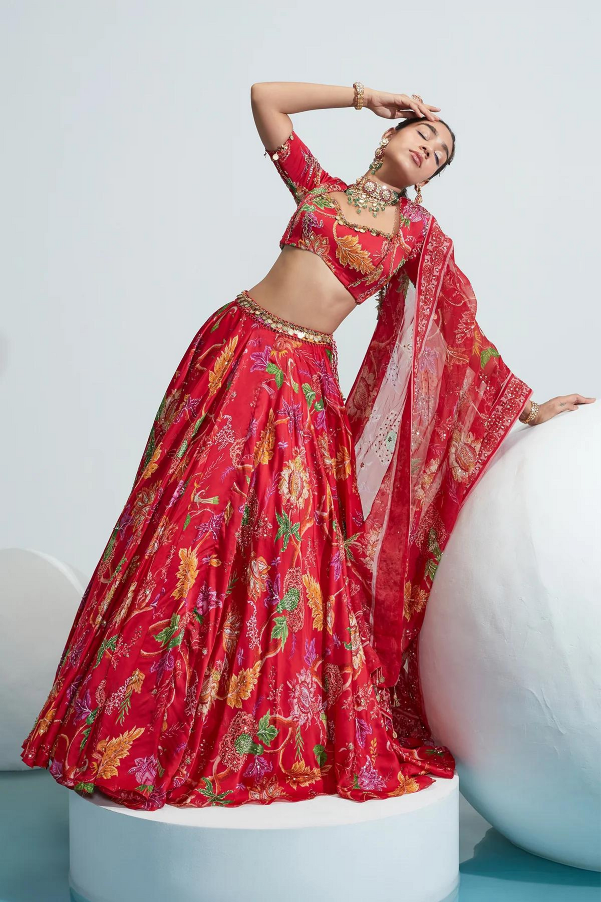 Tara Red Embroidered Lehenga Set