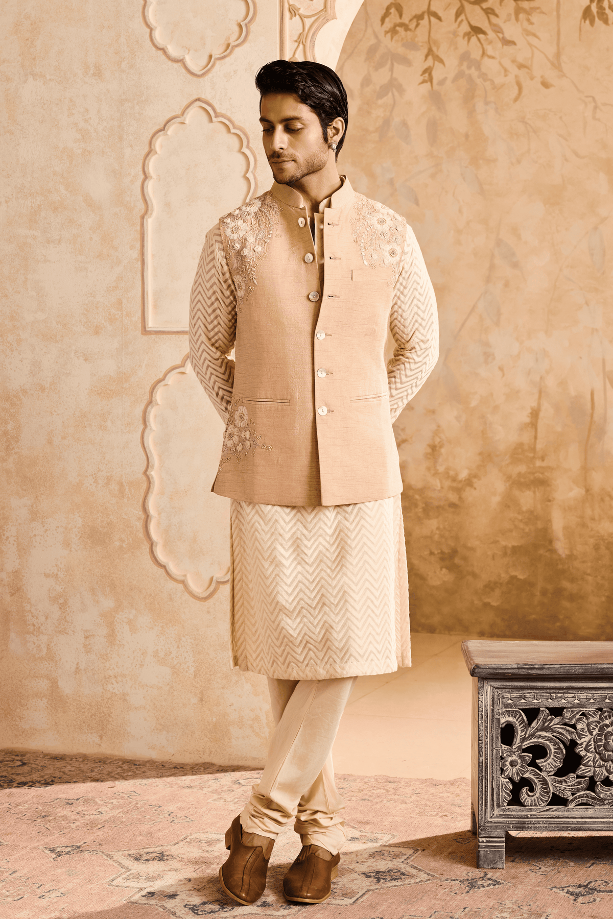 Beige Floral Bundi Jacket Kurta Set