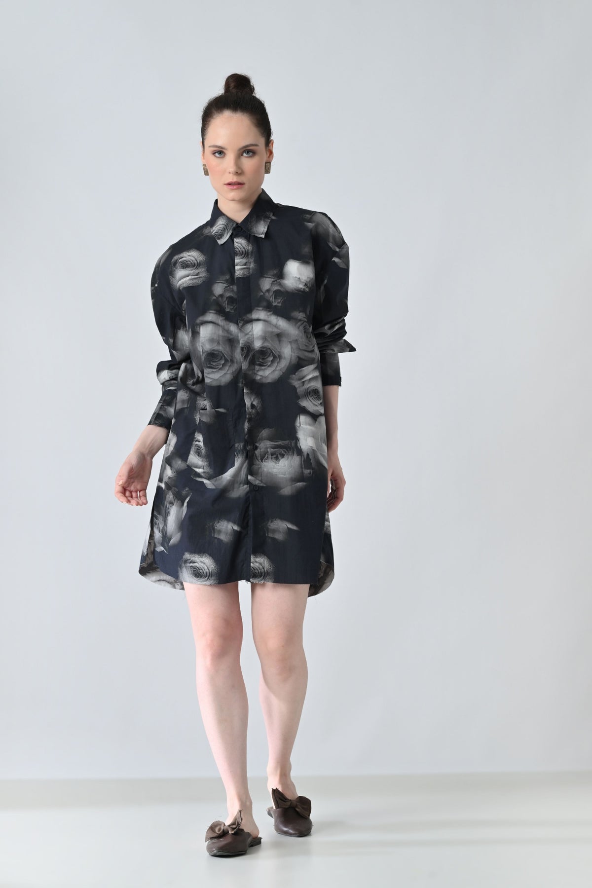 Black Blur Rose Printed Long Shirt