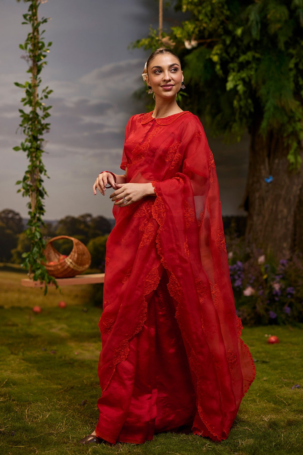 Flutter n Bloom Embroidered Red Saree