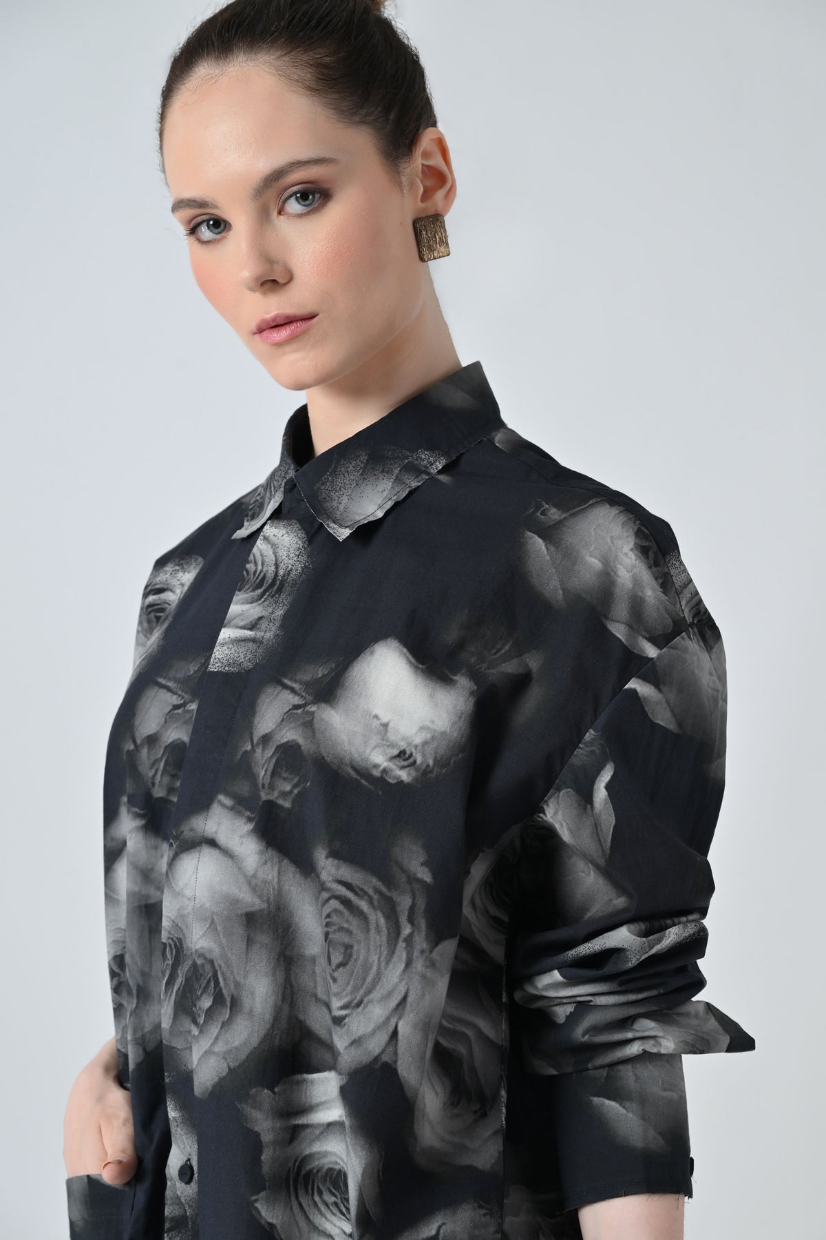 Black Blur Rose Printed Long Shirt
