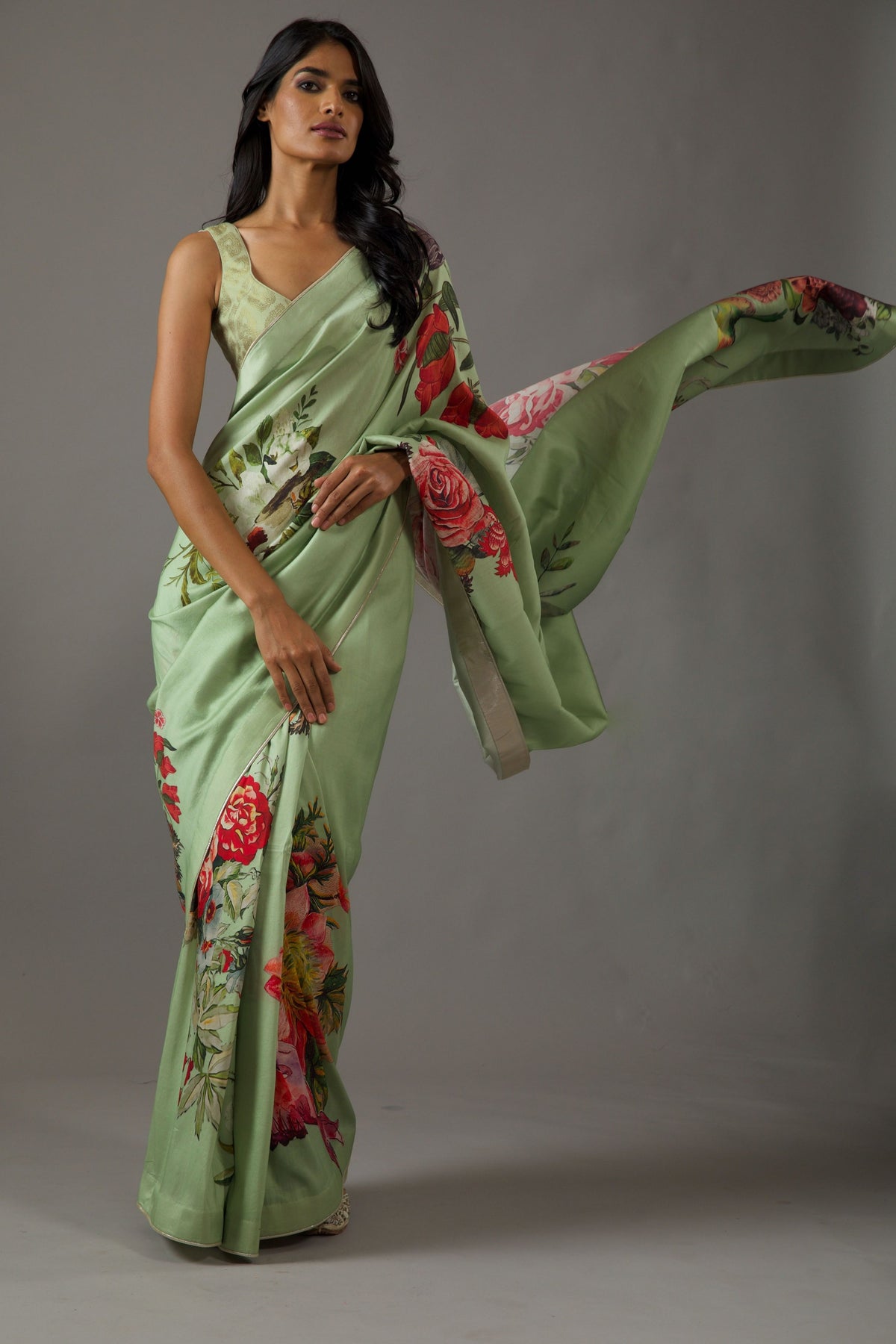 Mint Green Floral Chanderi Saree