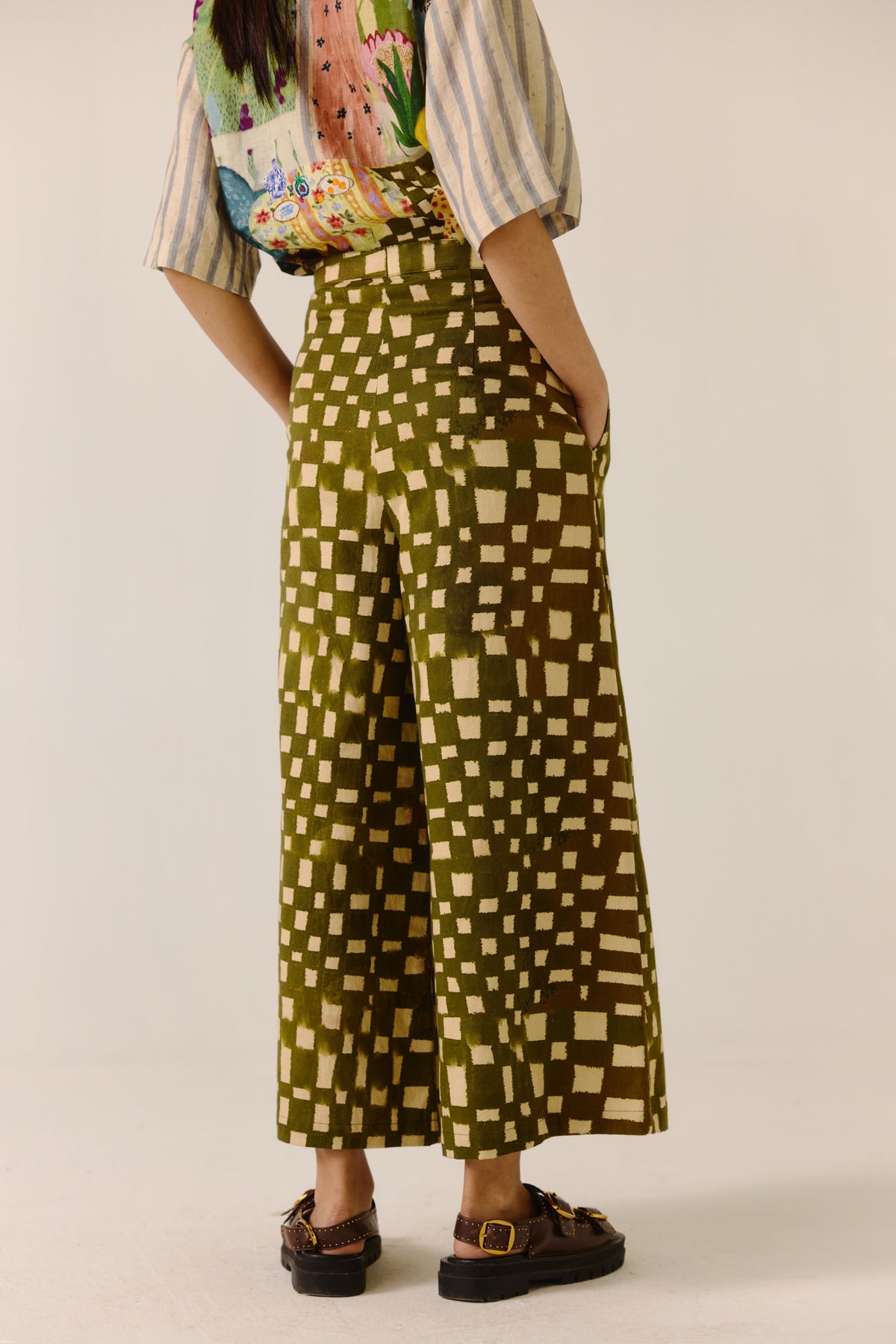 Alice Olive Checks Wide Leg Pant