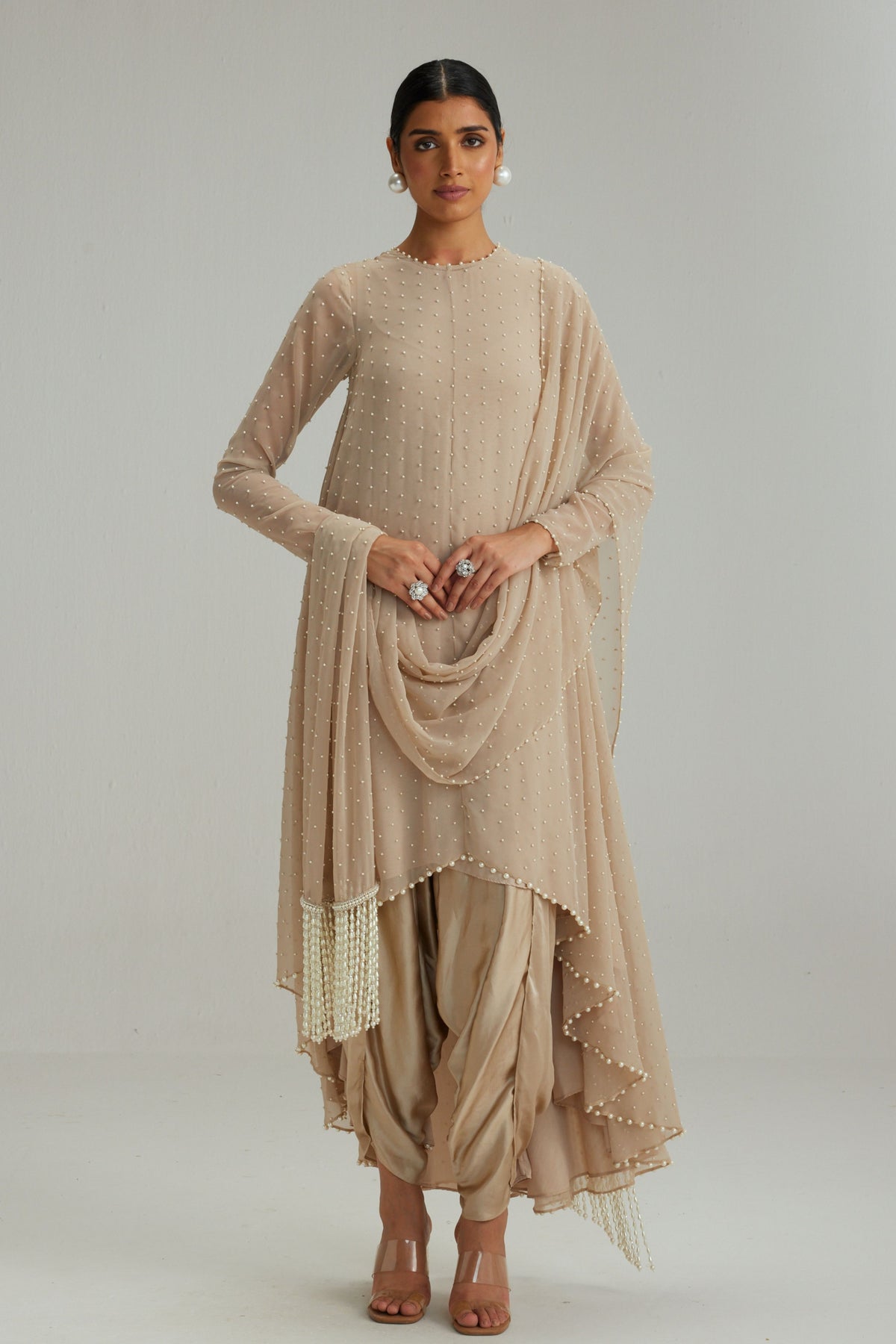 Light Beige Pearl Kurta With Stole Set