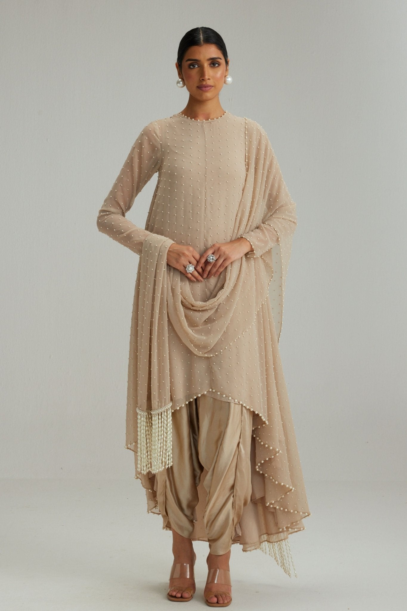 Light Beige Pearl Kurta With Stole Set - Vvani by Vani Vats - Elahe