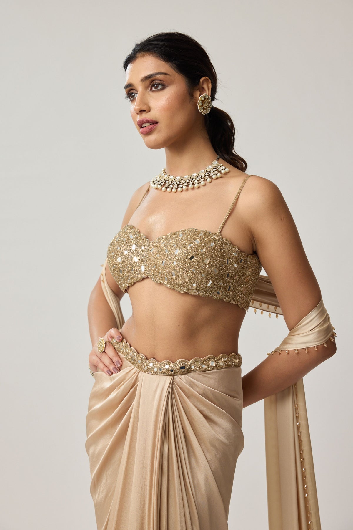 Light Beige Draped Skirt Set