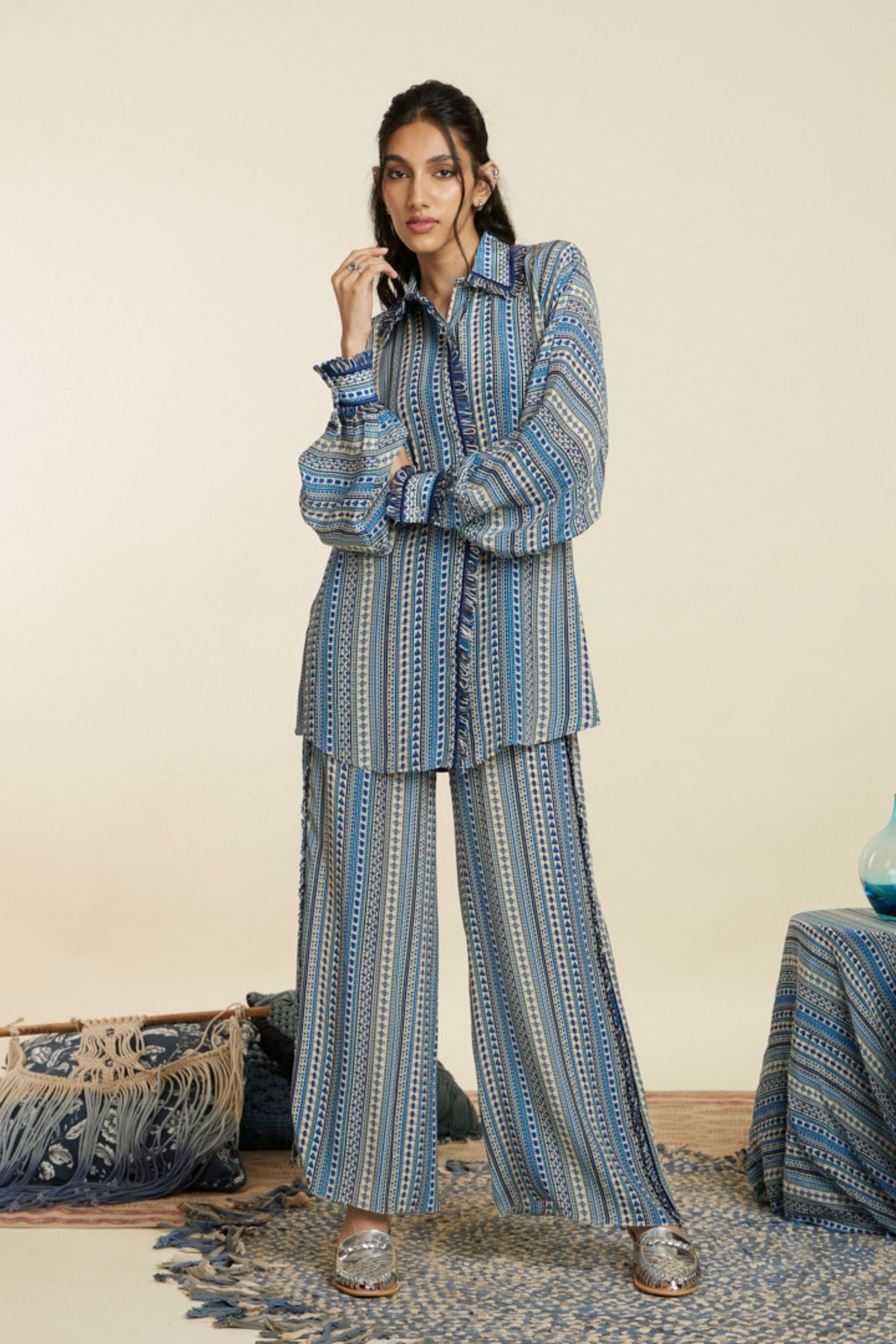 Blue Boho Stripe Oversized Co-ord Set