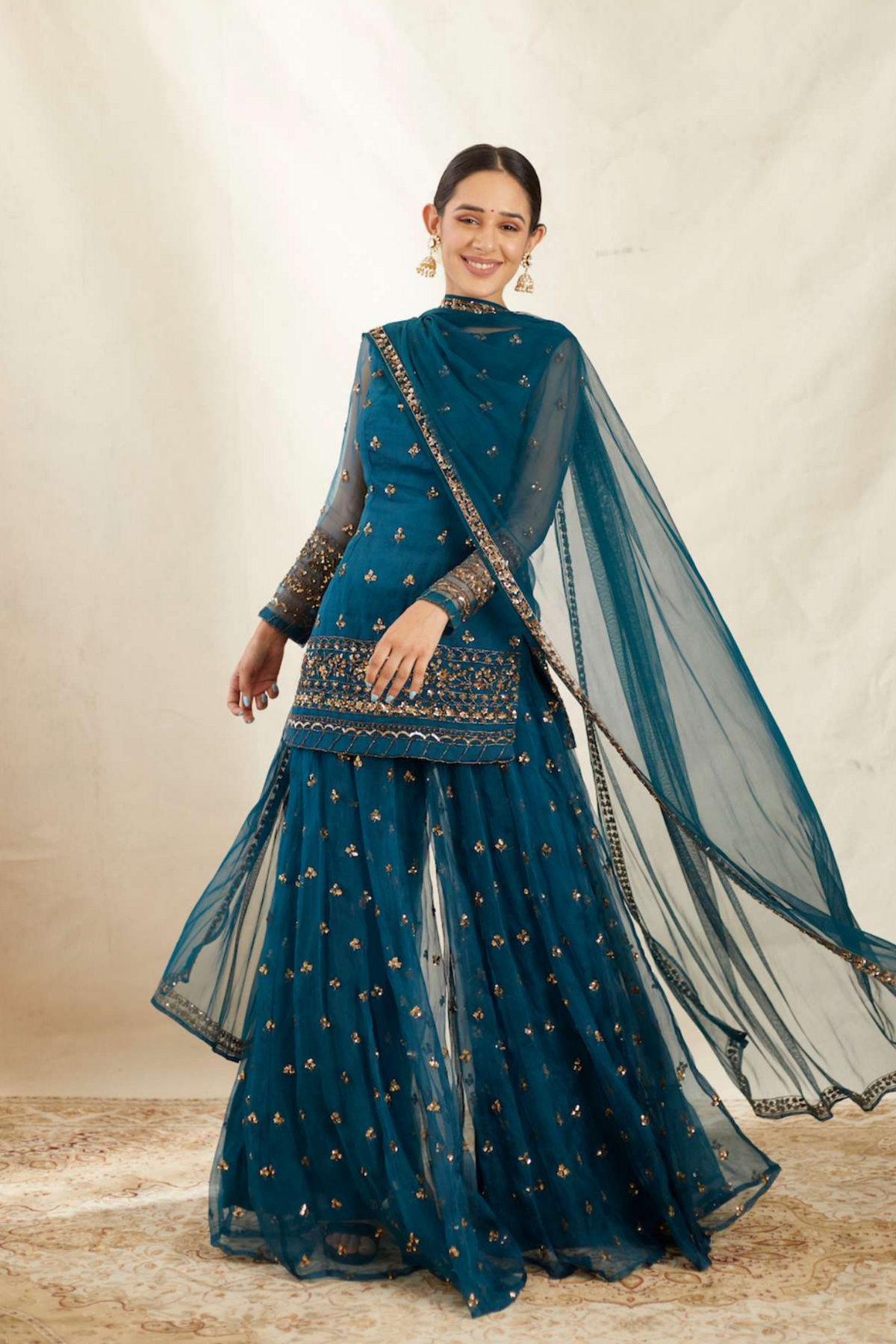 Teal Blue Organza Kurti Sharara Set