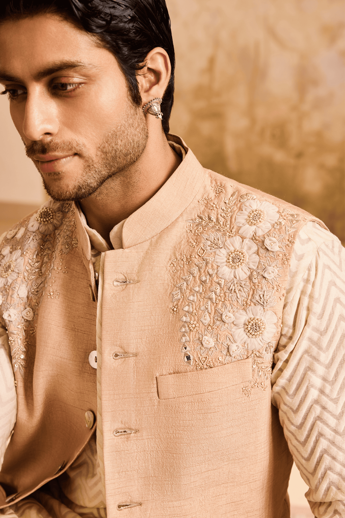 Beige Floral Bundi Jacket Kurta Set
