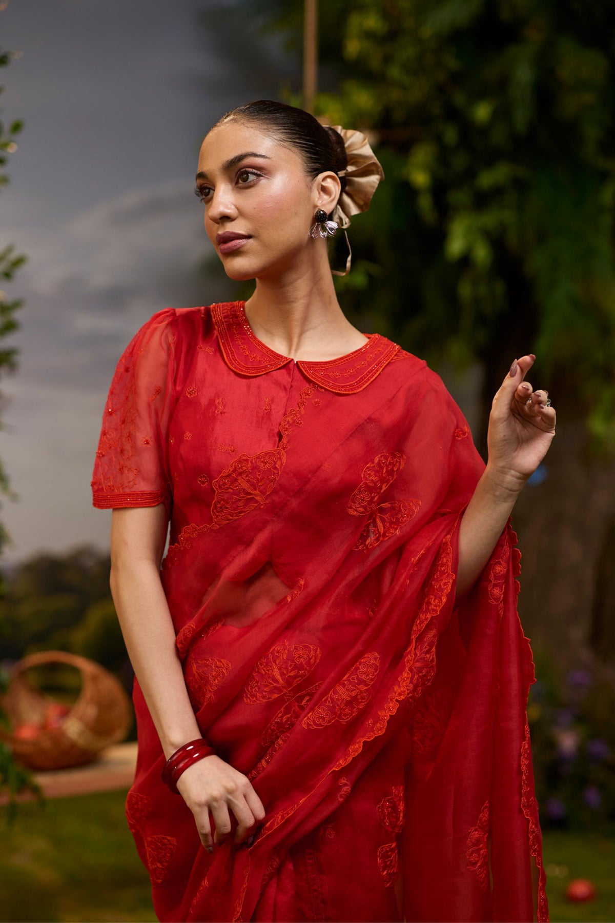 Flutter n Bloom Embroidered Red Saree