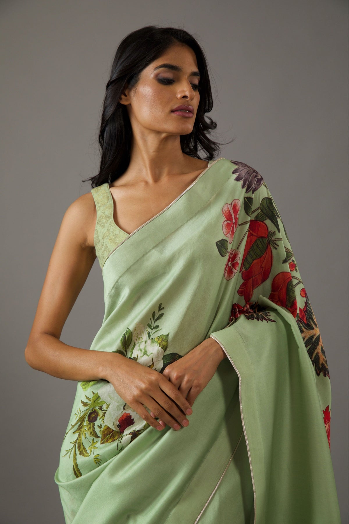 Mint Green Floral Chanderi Saree