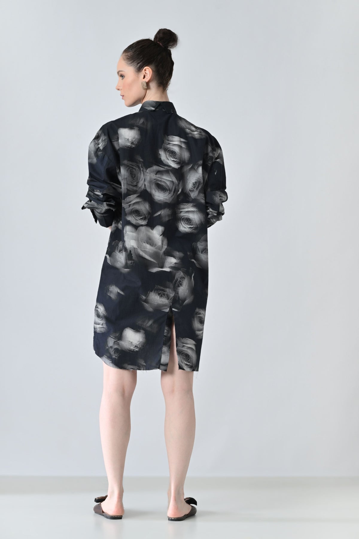 Black Blur Rose Printed Long Shirt