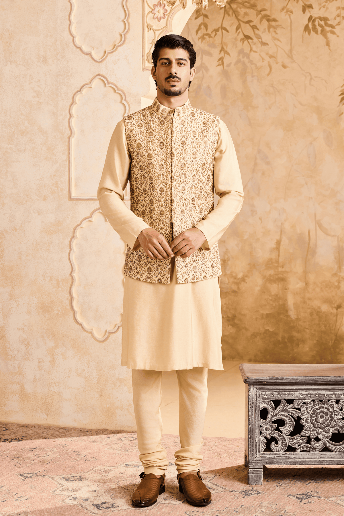 Beige Bundi Jacket Kurta Set