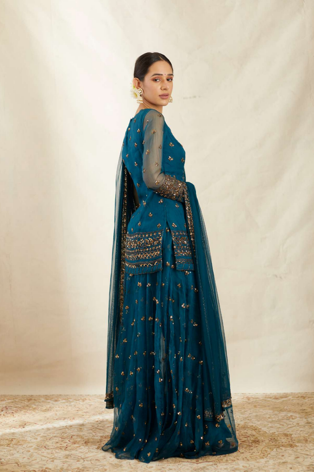 Teal Blue Organza Kurti Sharara Set