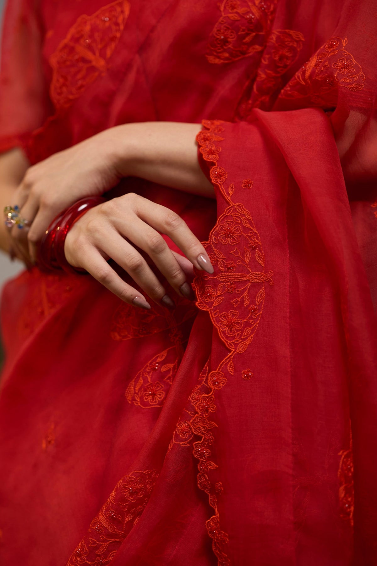 Flutter n Bloom Embroidered Red Saree