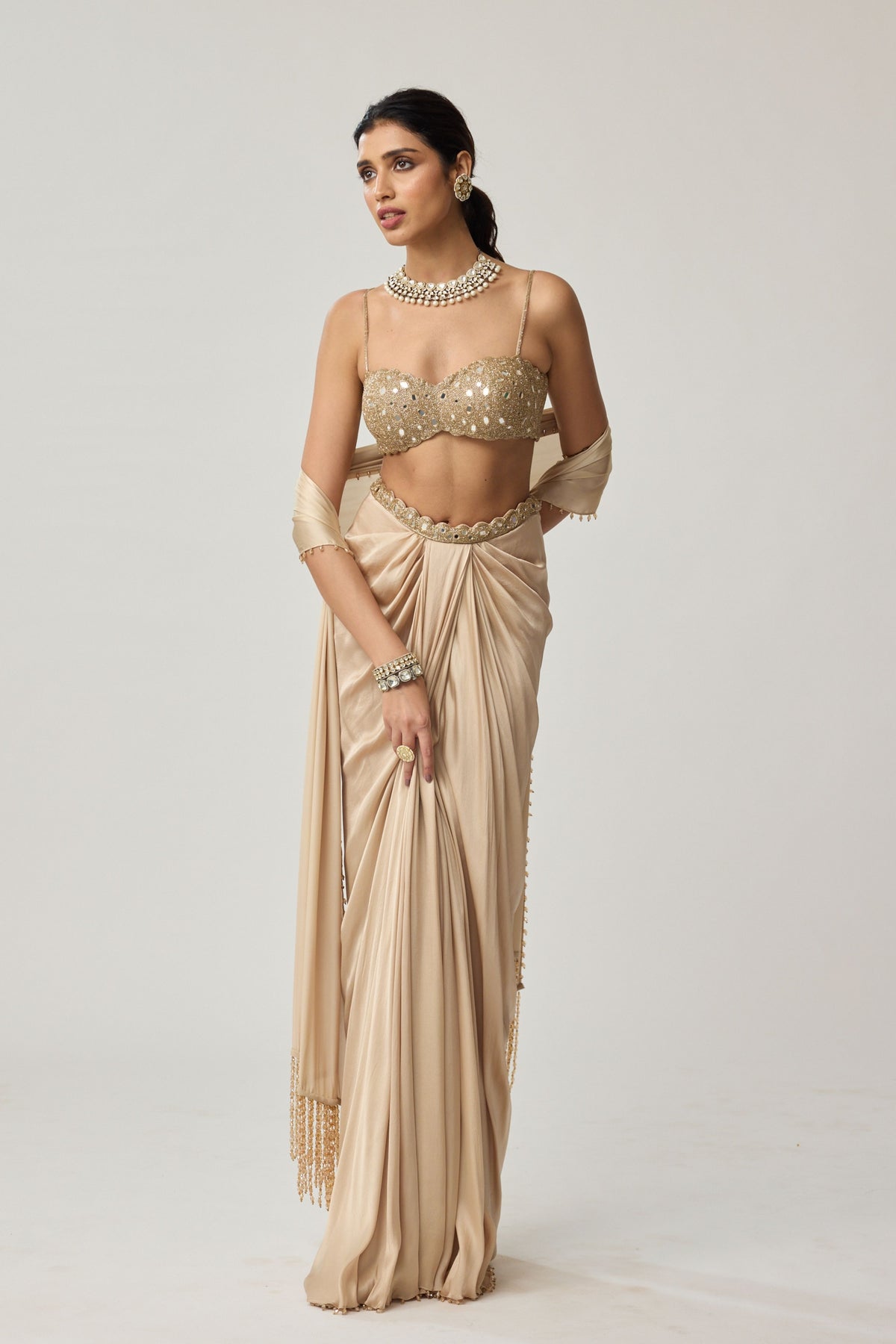Light Beige Draped Skirt Set