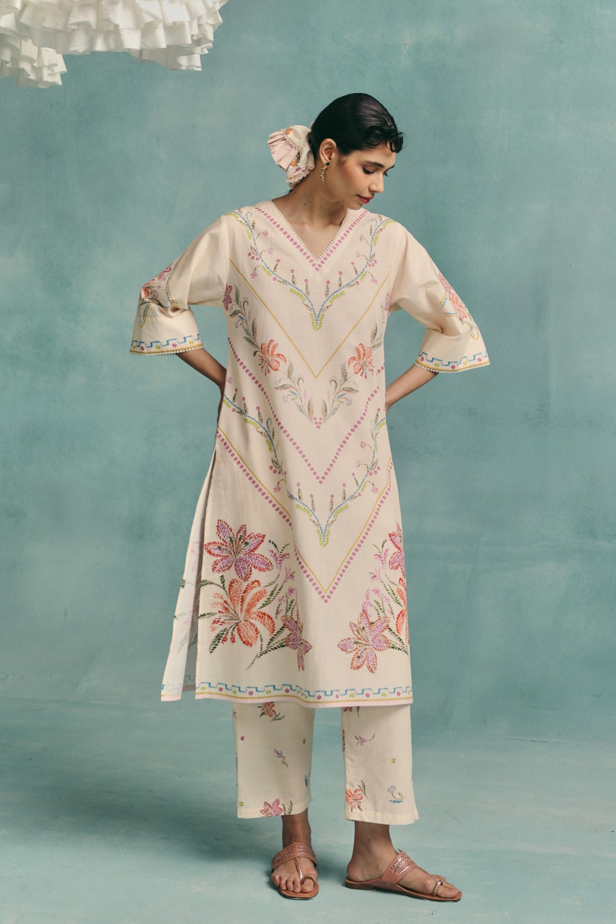 Ecru Hibiscus Kurta Set