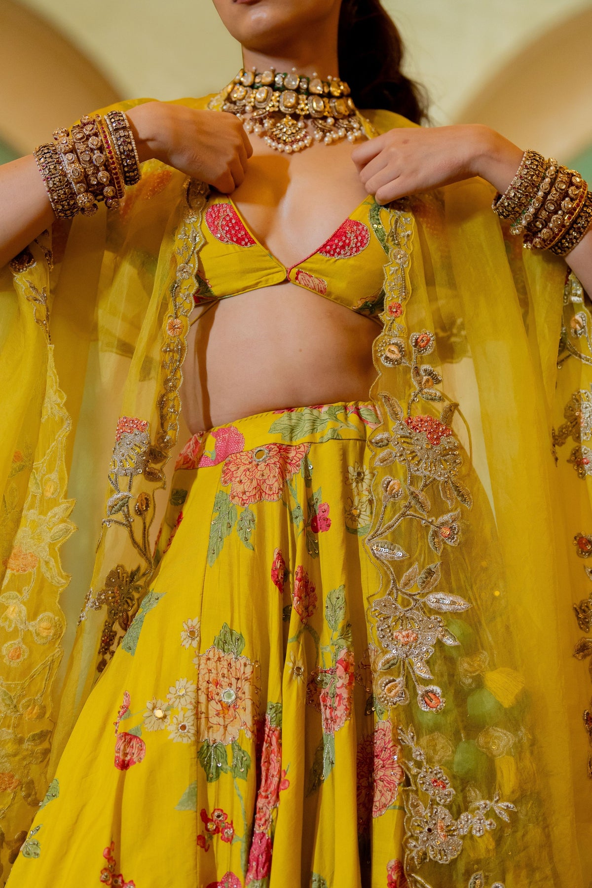 Yellow Floral Printed Lehenga Set