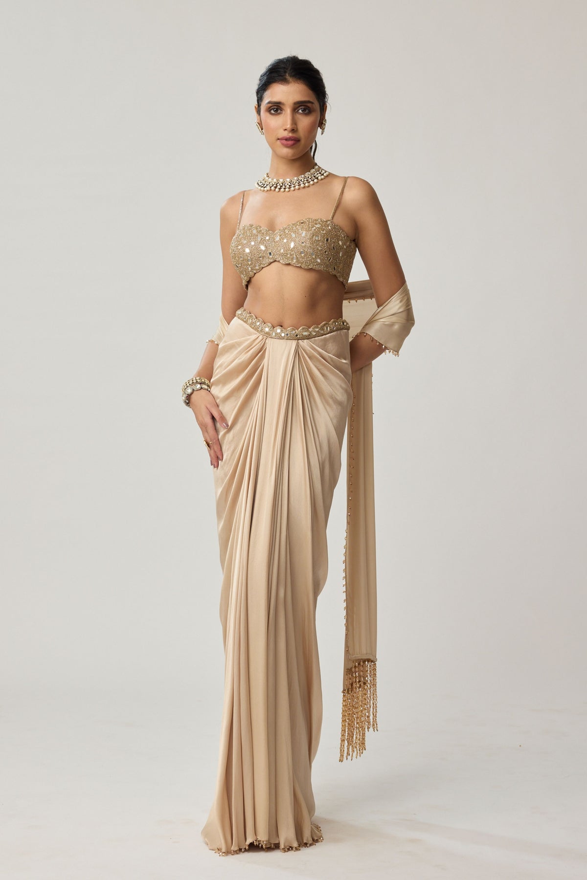 Light Beige Draped Skirt Set