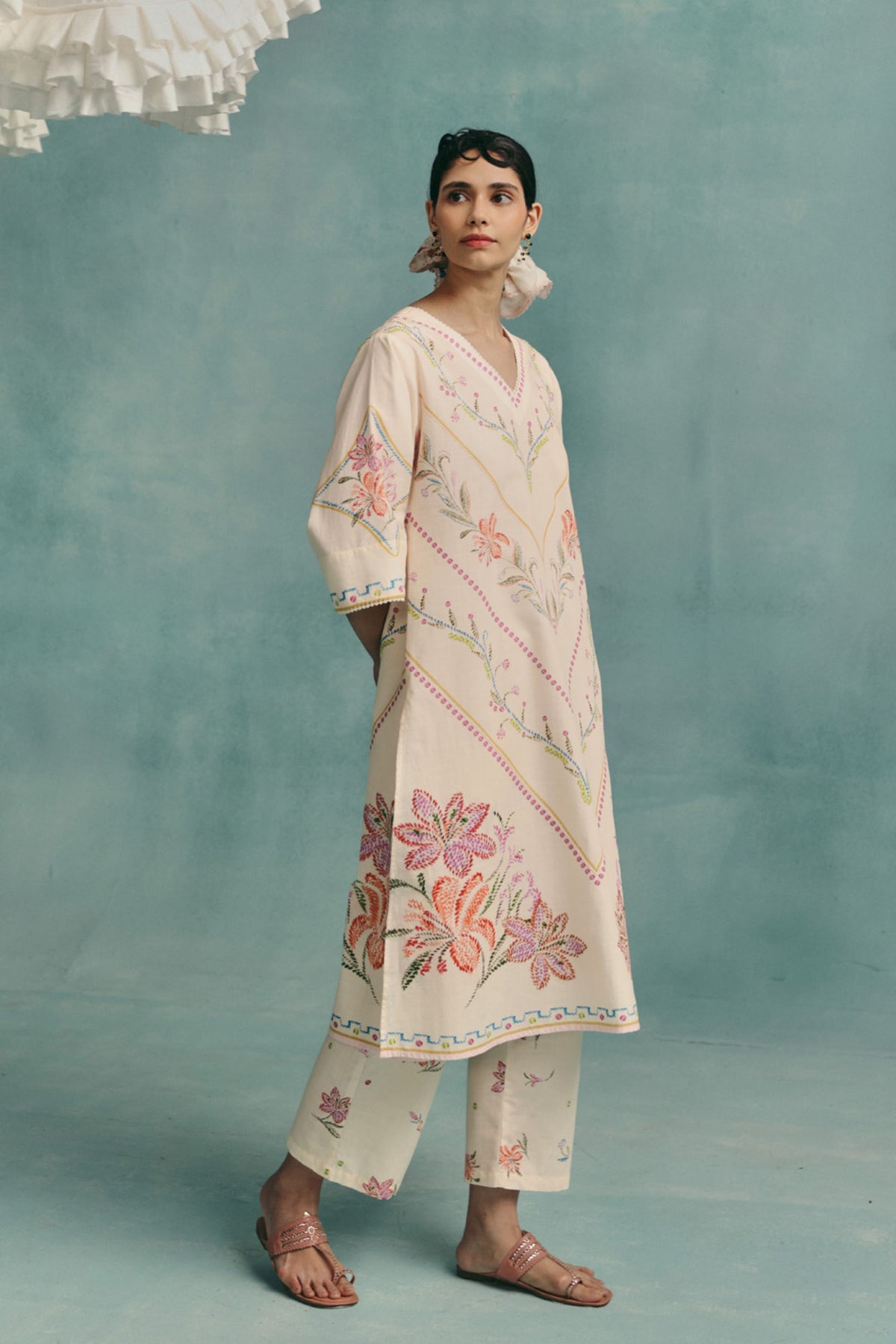 Ecru Hibiscus Kurta Set