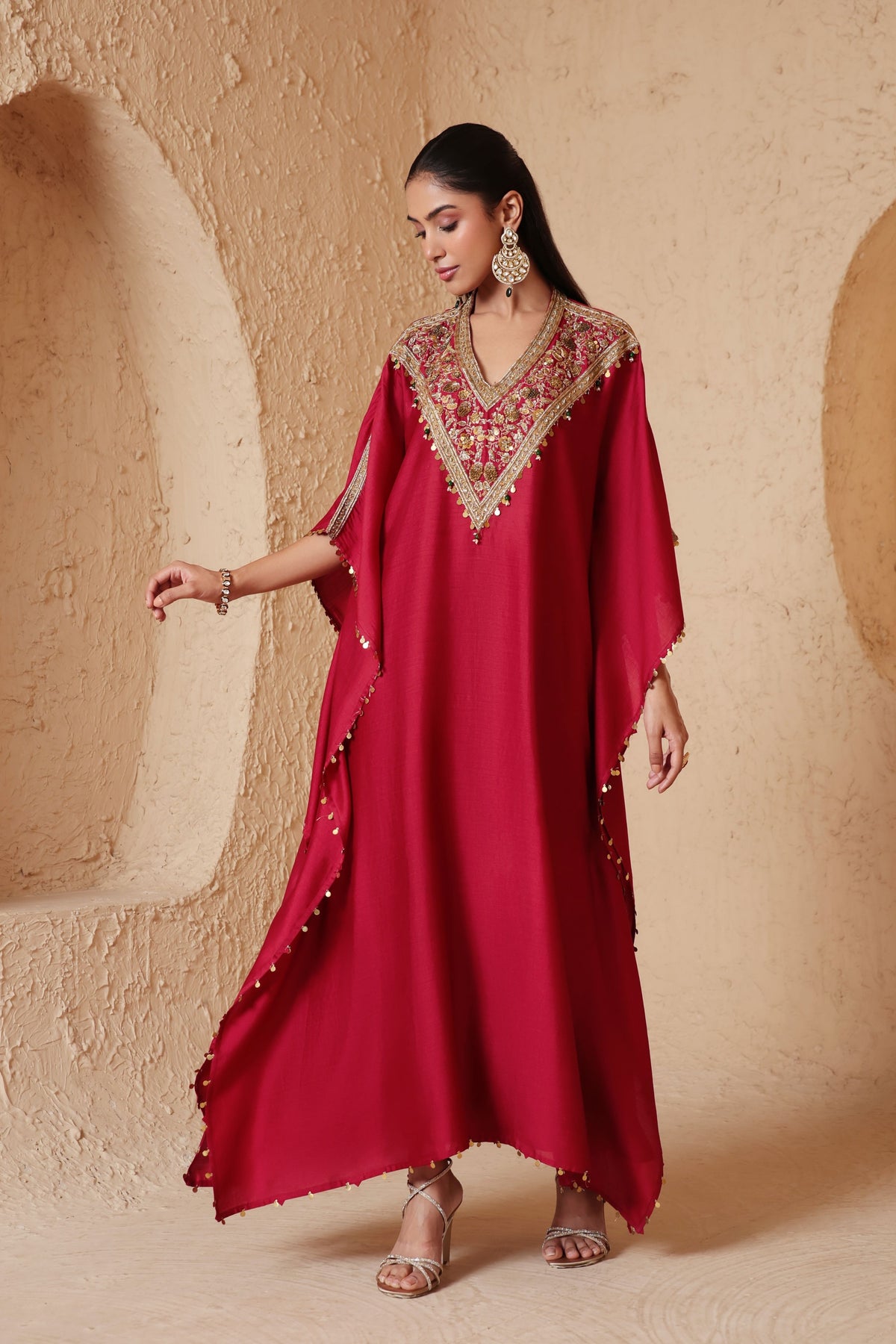 Maroon V Neck Kaftan Set