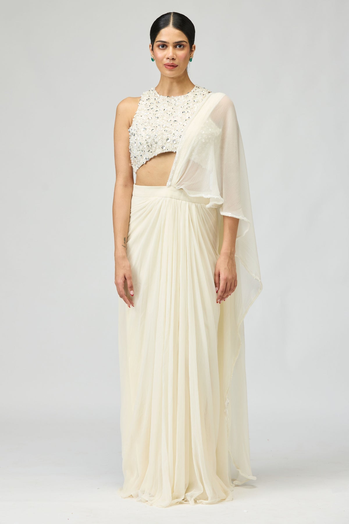Ivory Silk Chiffon Saree Set