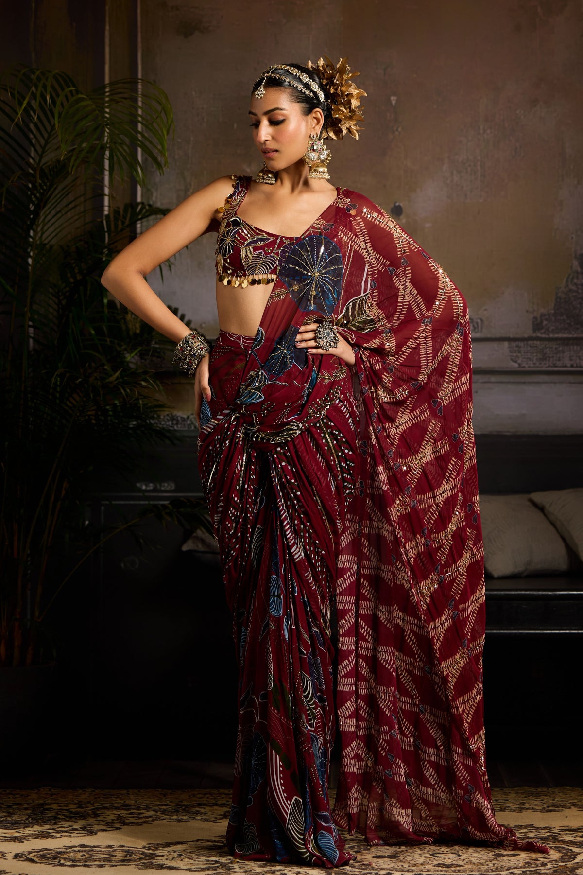 Wine Print Draped Saree Set