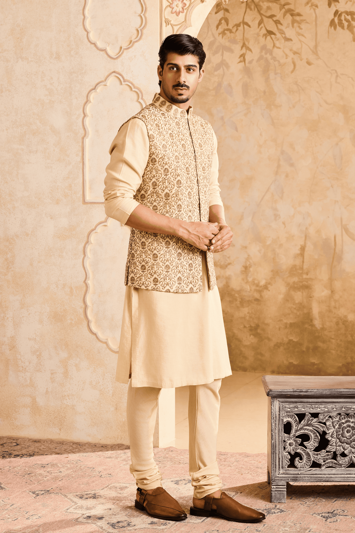 Beige Bundi Jacket Kurta Set