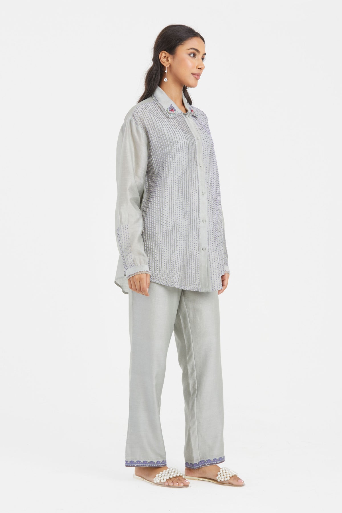 Bluish Grey Chanderi Co-ord Set