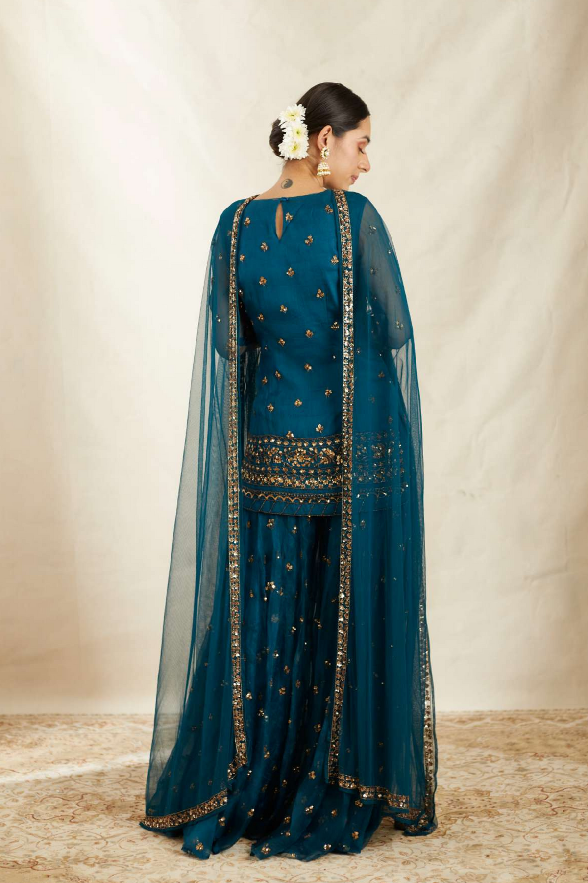 Teal Blue Organza Kurti Sharara Set