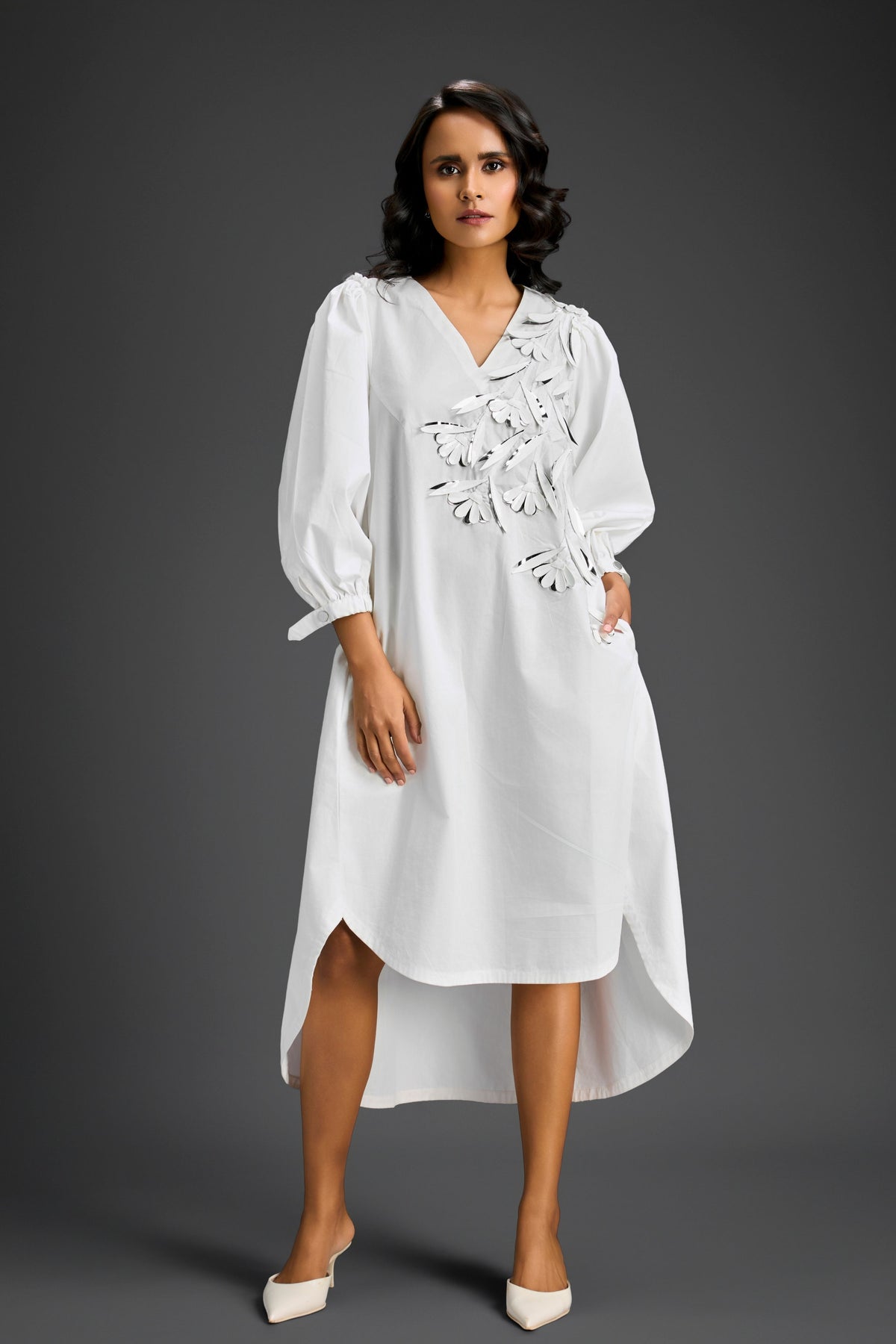 White High-low V-neck Dress