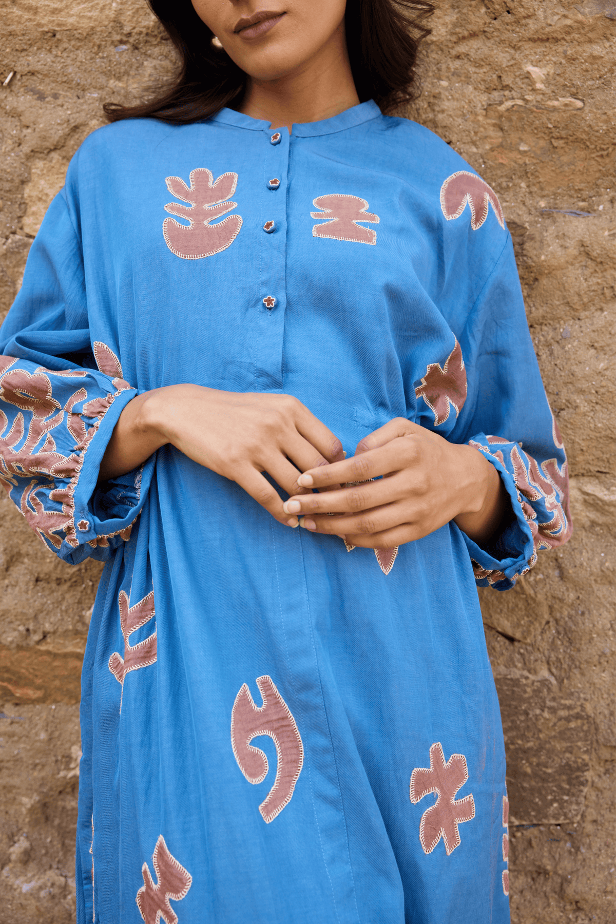 Blue Waist Tie Hand Appliqué Dress