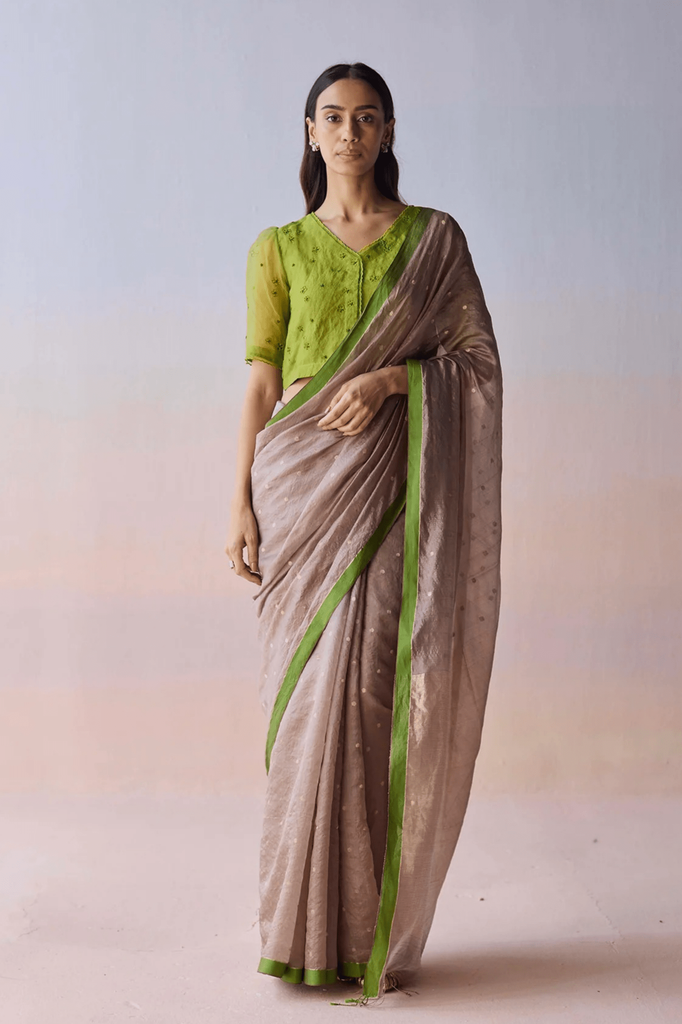 Taupe Wildflower Gleam Saree - Surmaye - Elahe