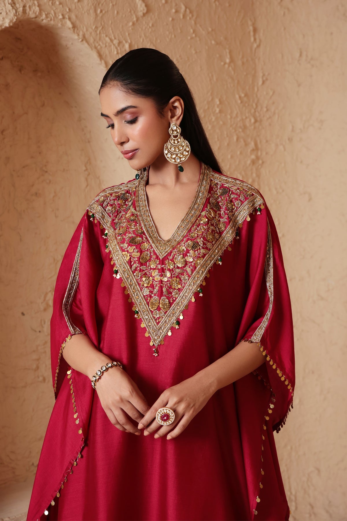 Maroon V Neck Kaftan Set