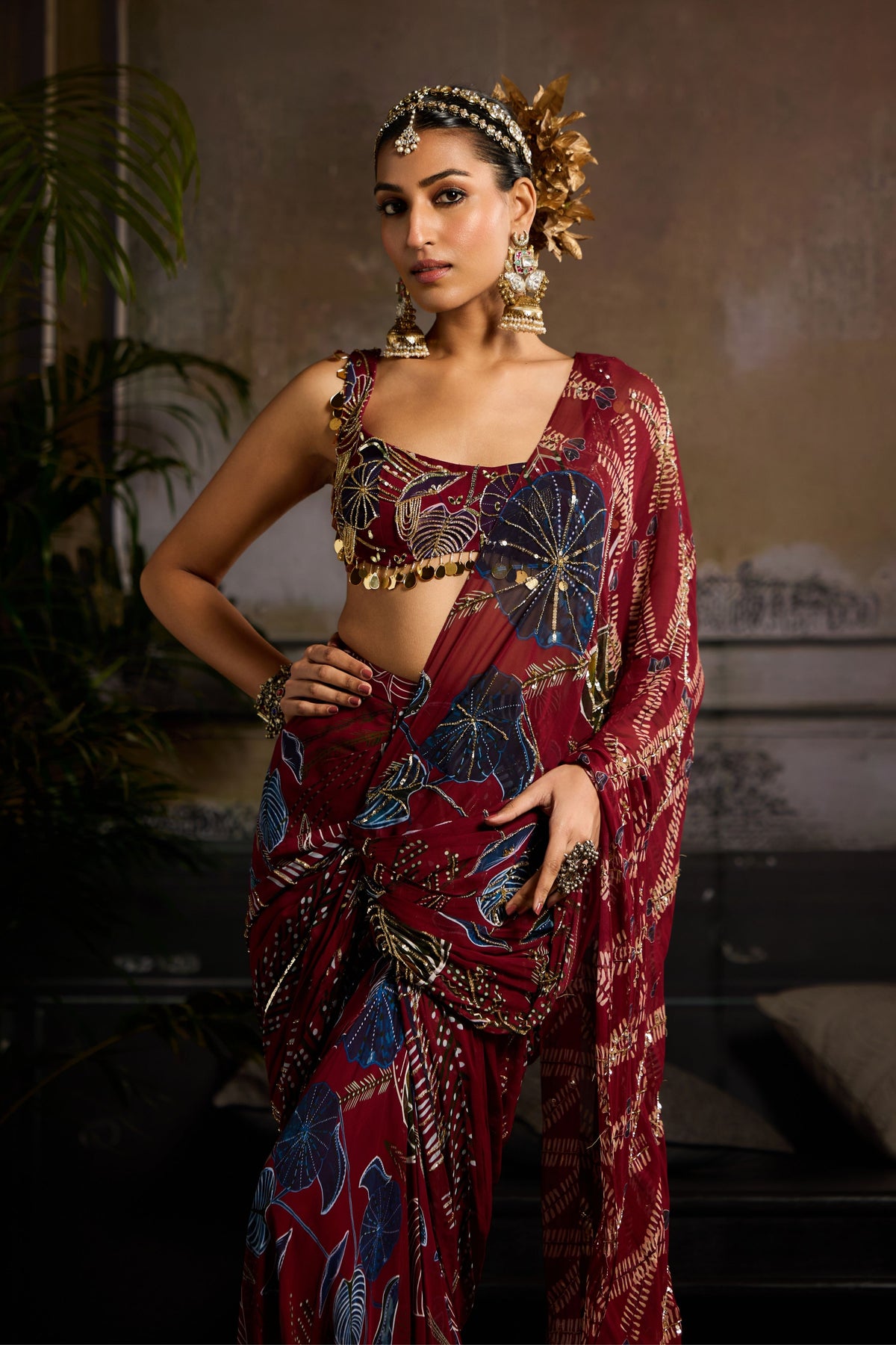 Wine Print Draped Saree Set