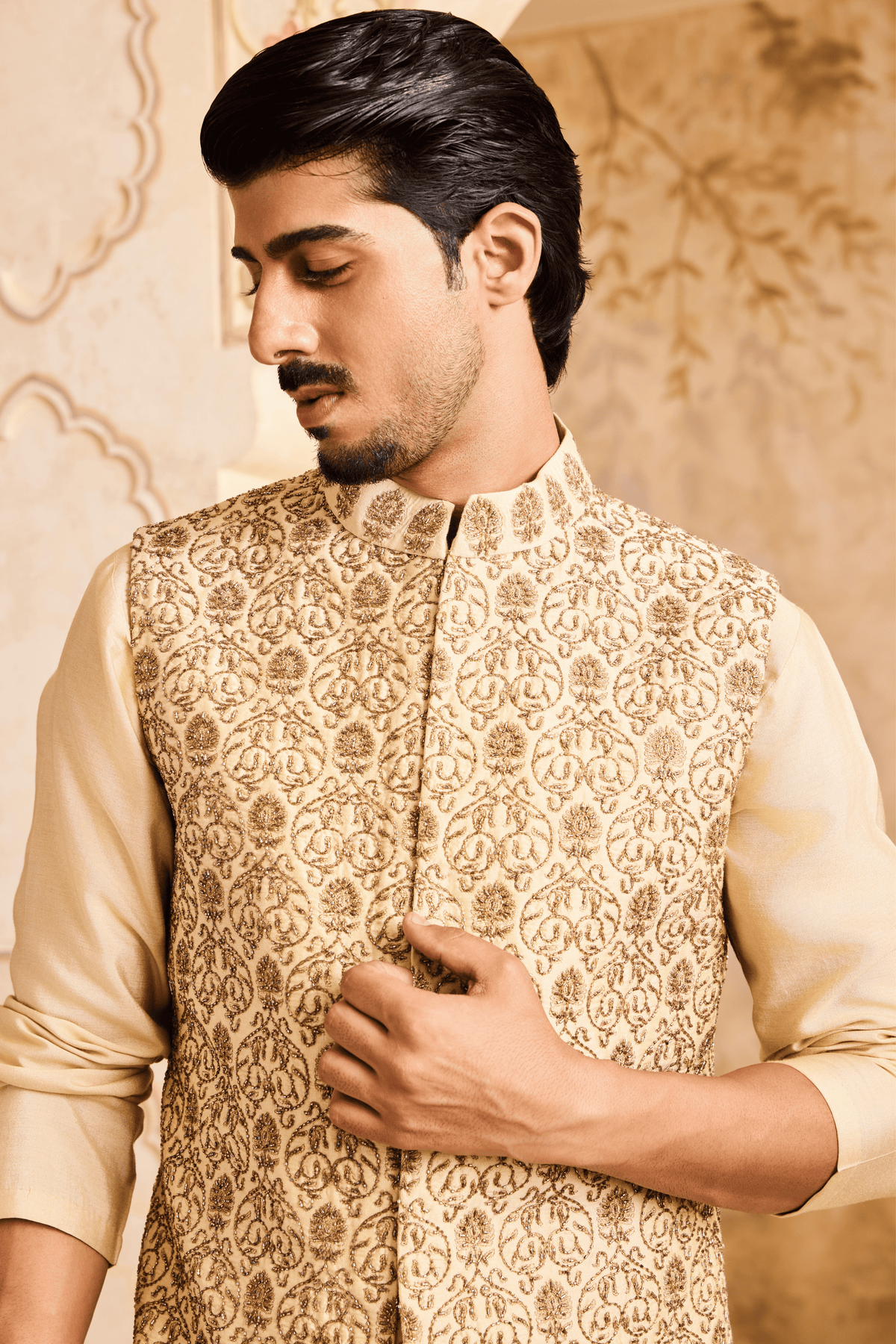 Beige Bundi Jacket Kurta Set