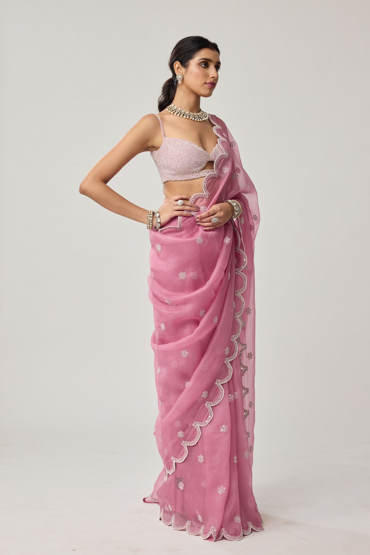 Onion Pink Pearl Saree Set
