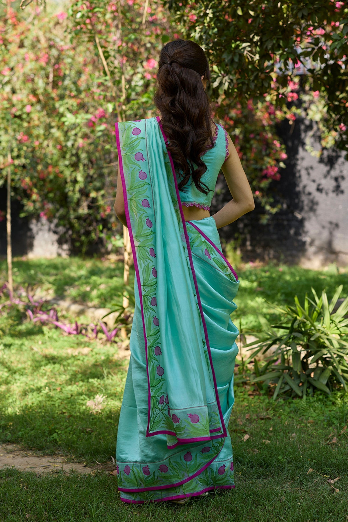 Pomegranate Trail Blue Embroidered Saree
