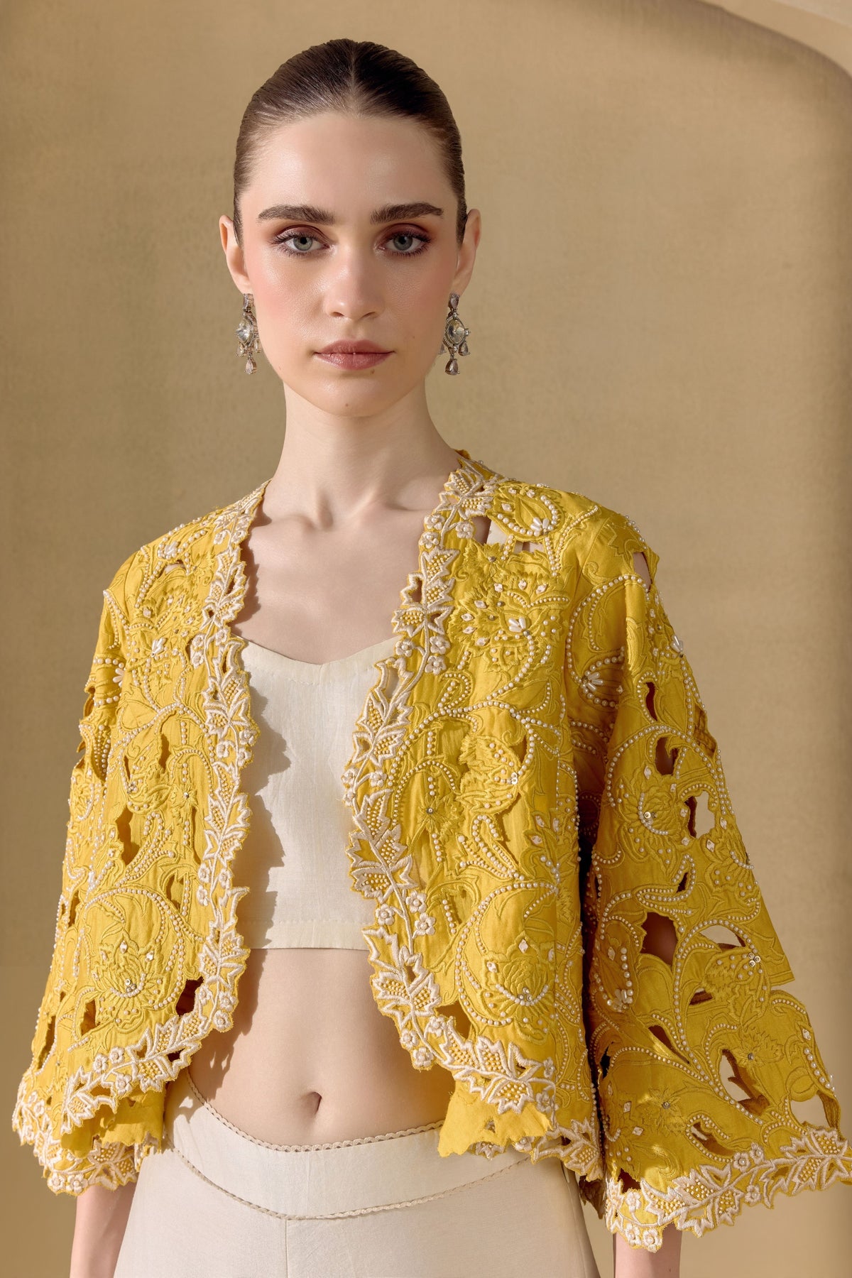Yellow Cutwork Flared Jacket