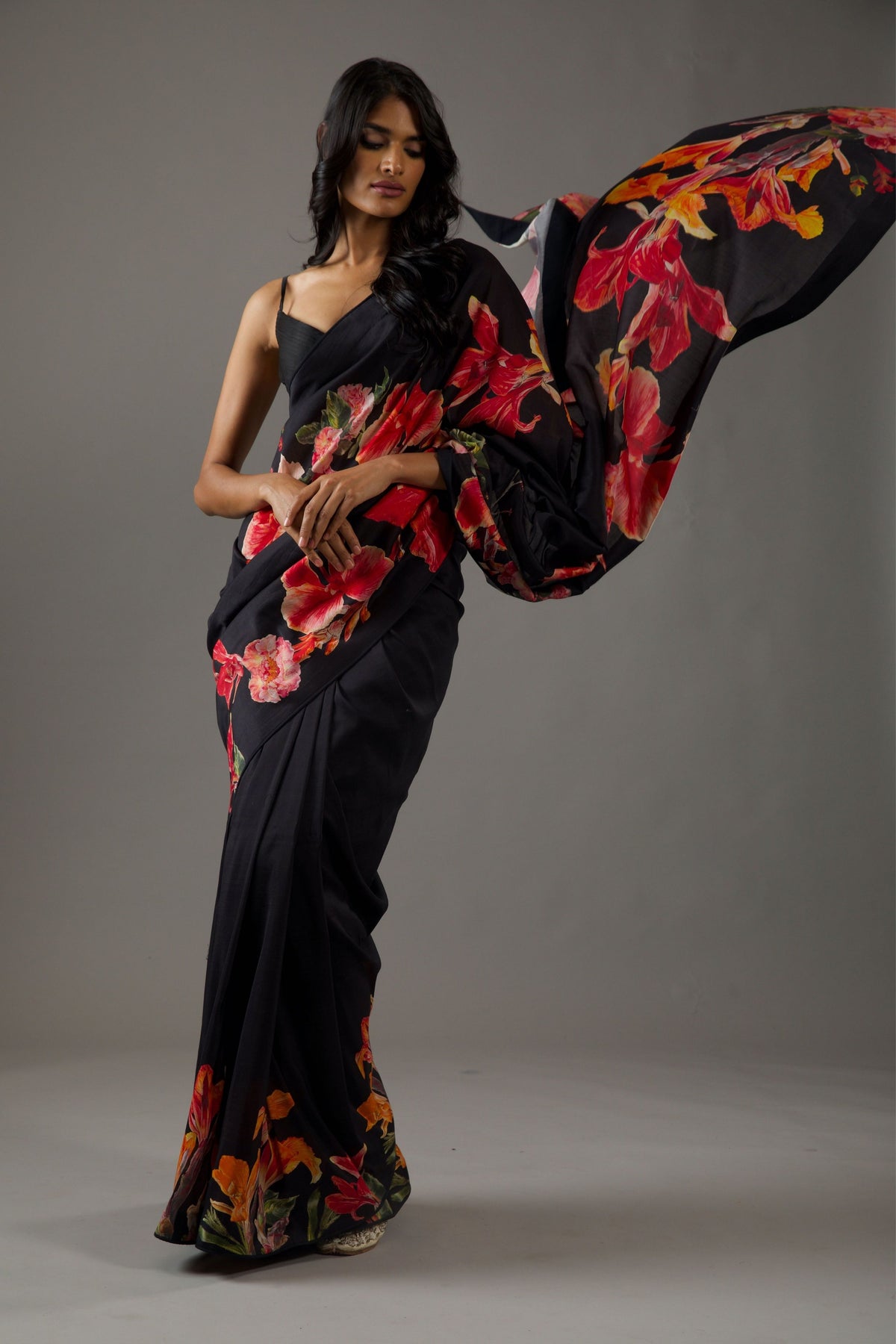 Digital Print Black Chanderi Saree